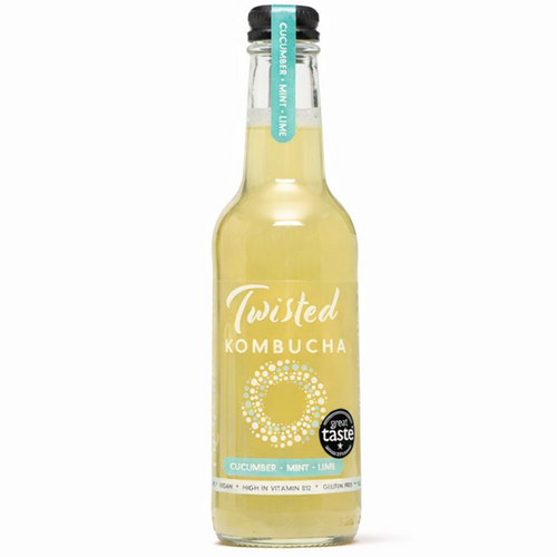 Twisted Kombucha  cucumber mint and lime bottle on a white background