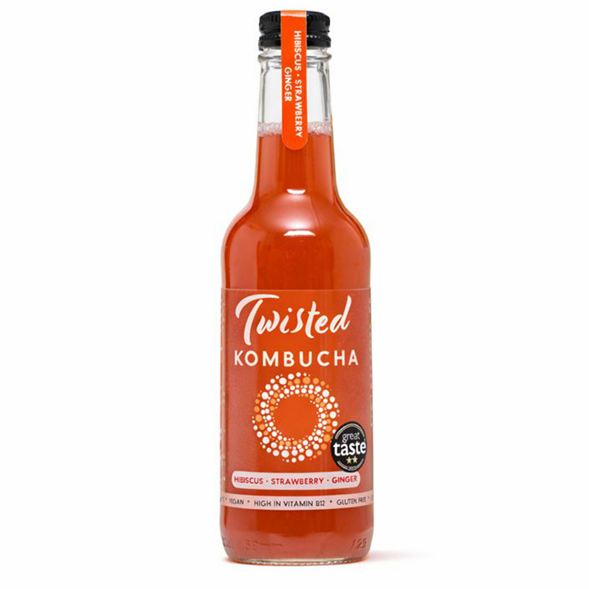 Twisted Kombucha strawberry hibiscus and ginger bottle on a white background